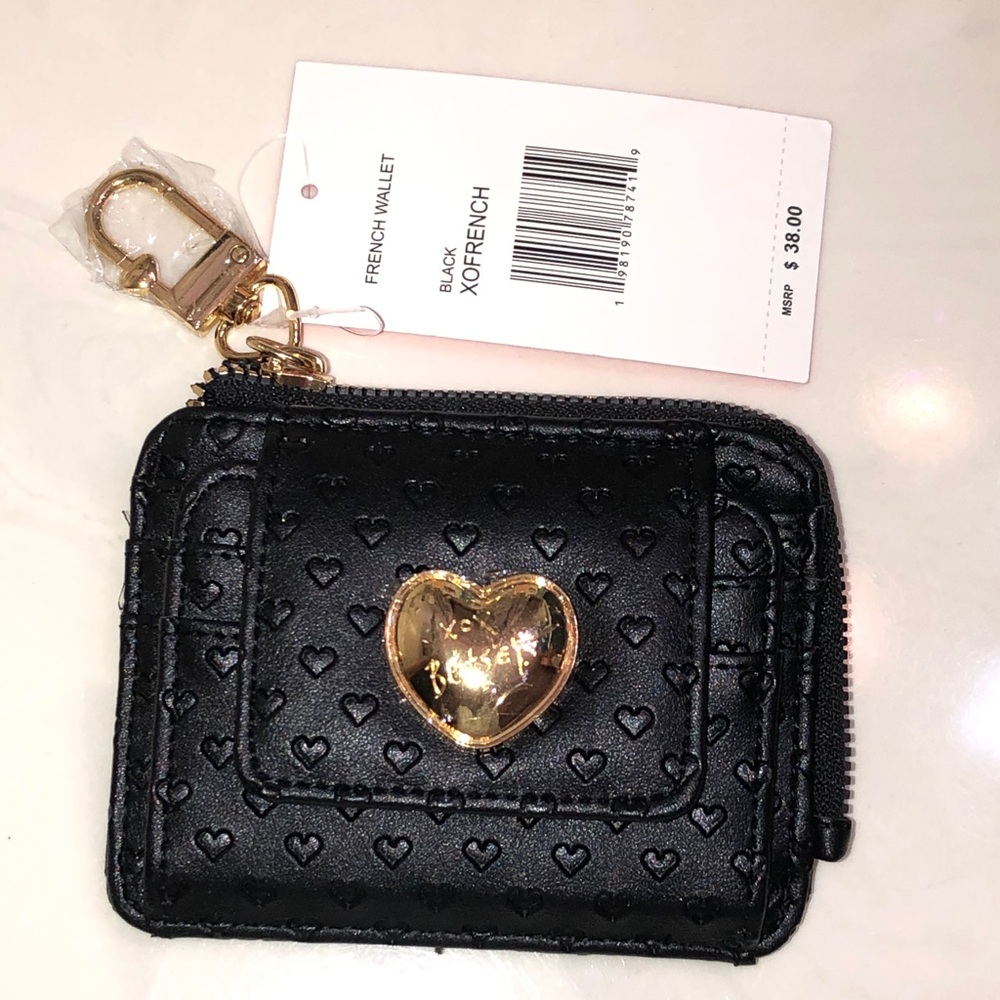 Betsey Johnson L-Zip French Card Wallet Black With Dainty Embossed Hearts NWT